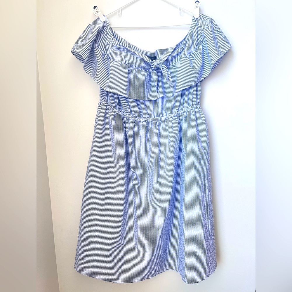 Eloquii Off the Shoulder Seersucker Dress Women's 18 Ruffle Overlay Blue White